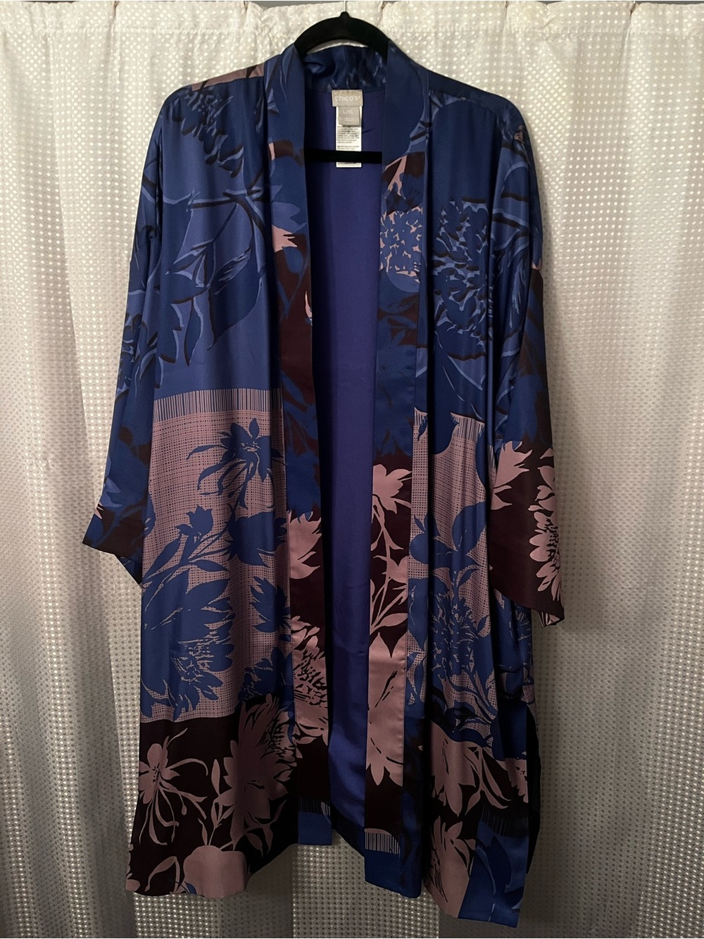 Chico's Blue and Tan Floral Satin Kimono Jacket